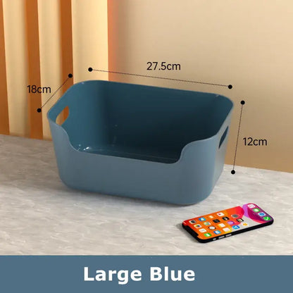 Large blue plastic storage box with integrated side handles for decorbites desktop storage basket office organizer