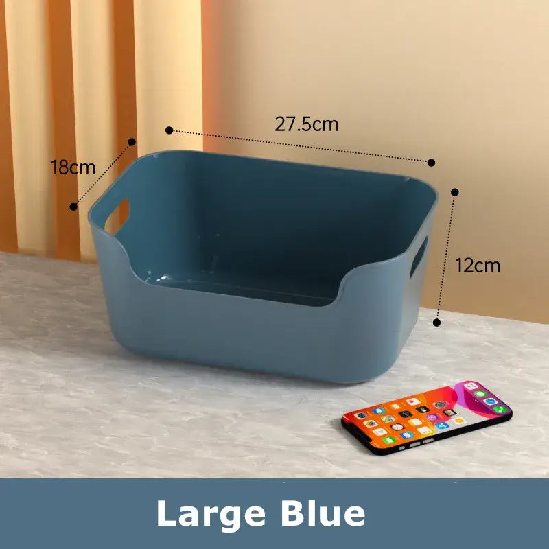 Large blue plastic storage box with integrated side handles for decorbites desktop storage basket office organizer