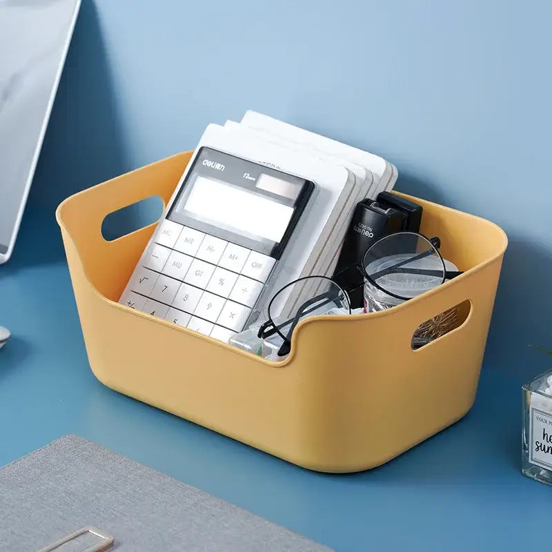 Yellow plastic desktop storage basket with integrated handles from decorbites desktop storage office organizer set