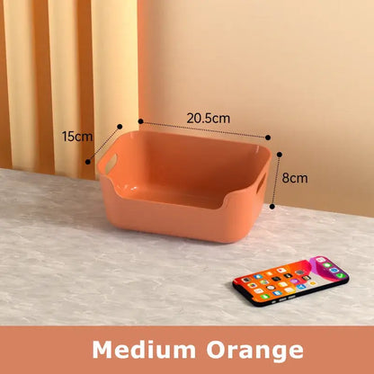 Medium orange rectangular plastic desktop storage basket with integrated side handles for decorbites desktop storage organizer