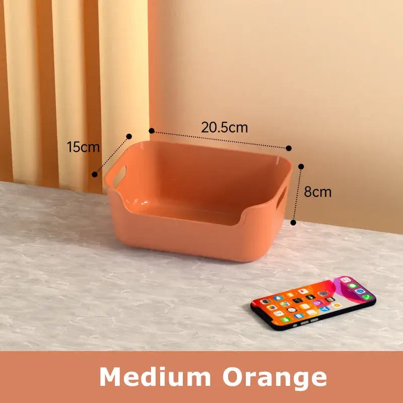 Medium orange rectangular plastic desktop storage basket with integrated side handles for decorbites desktop storage organizer