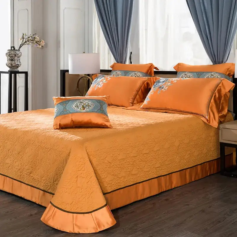 Orchid and blue floral orange satin bedspread with ruffled hem in 200s embroidery egyptian cotton bedding set