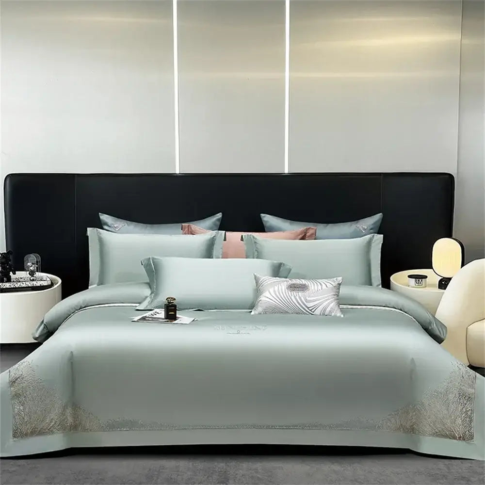 Elegant mint green satin egyptian cotton bedding set with delicate gold decorbites jacquard embroidery accents