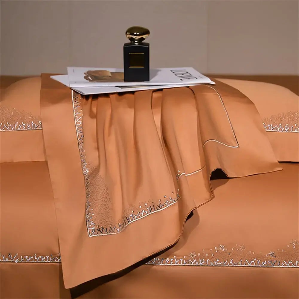 Caramel satin egyptian cotton bedding set with delicate silver decorbites jacquard embroidery along the edges