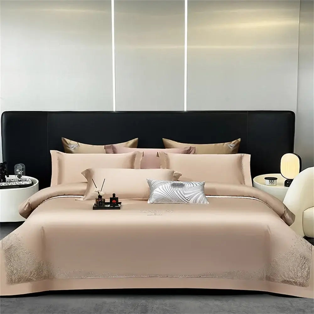 Beige satin egyptian cotton bedding set with gold decorbites jacquard embroidery and silver leaf accent pillow