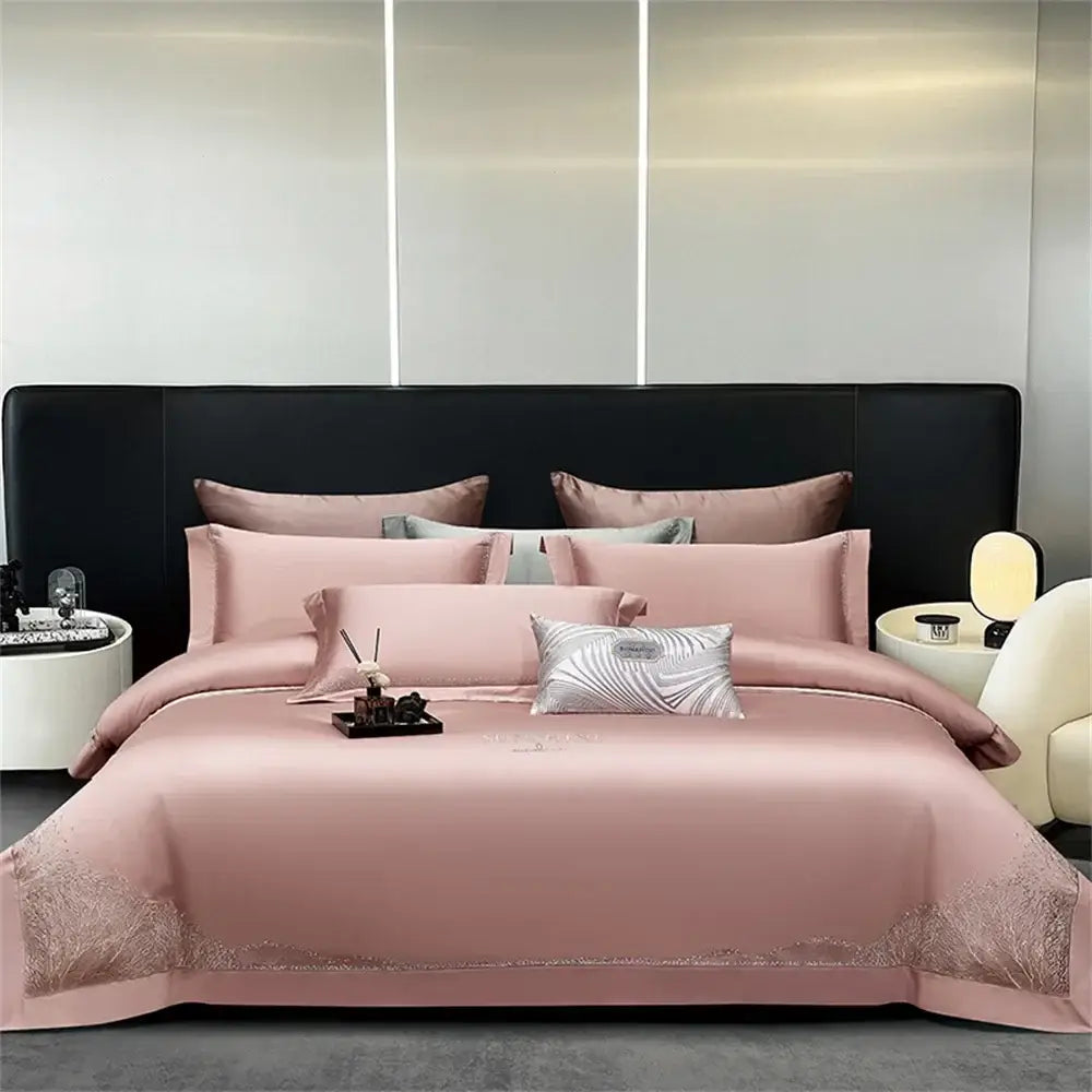 Pink satin egyptian cotton bedding set with delicate gold decorbites jacquard embroidery and silver patterned accent pillow
