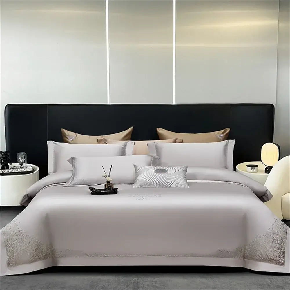 Silver-gray satin bedspread with delicate embroidered edges in orchid jacquard embroidery egyptian cotton bedding set