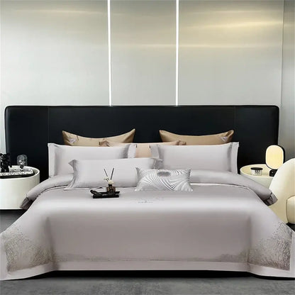 Silver-gray satin bedspread with delicate embroidered edges in orchid jacquard embroidery egyptian cotton bedding set