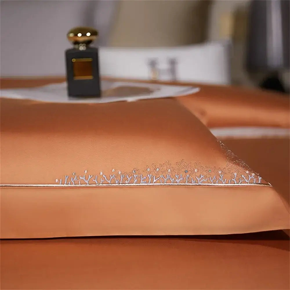 Tan satin pillowcase with delicate silver floral decorbites jacquard embroidery in egyptian cotton bedding set