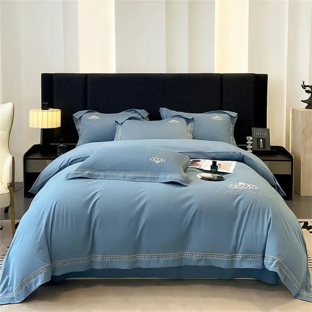 Light blue orchid satin 1200tc egyptian cotton bedding set with delicate silver and gold embroidery decorbites 1200tc egyptian