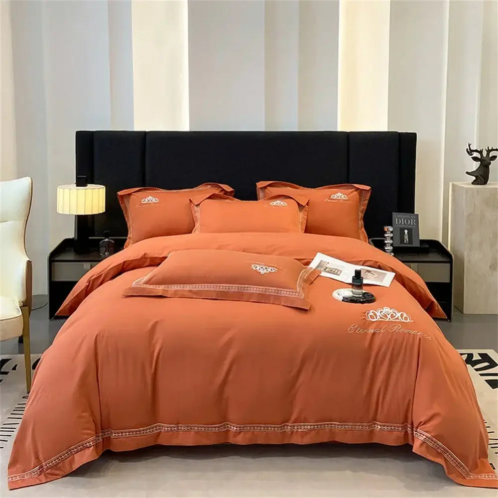 Orchid satin 1200tc egyptian cotton bedding set with gold embroidery and subtle blessed romance script design by decorbites