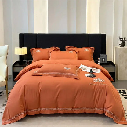 Orchid satin 1200tc egyptian cotton bedding set with gold embroidery and subtle blessed romance script design by decorbites