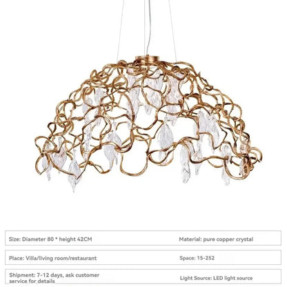 Gold-toned copper crystal ceiling chandelier with clear crystal droplets for elegant dining room decorbites copper crystal lighting