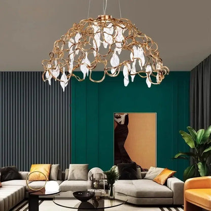 Gold-toned copper crystal ceiling chandelier with intricate wireframe and clear teardrop pendants for decorbites copper crystal decor