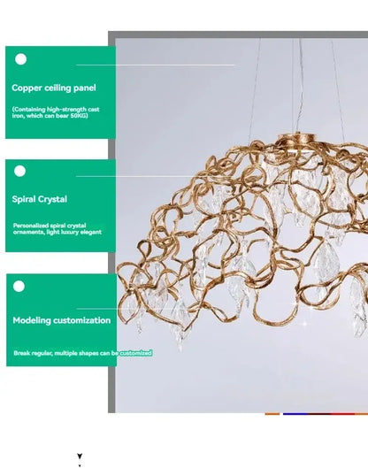 Organic copper crystal ceiling chandelier with gold-toned intricate spiral crystal decorbites copper crystal design
