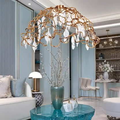 Gold-toned decorbites copper crystal ceiling chandelier with intricate wireframe and clear teardrop pendants for dining room decor