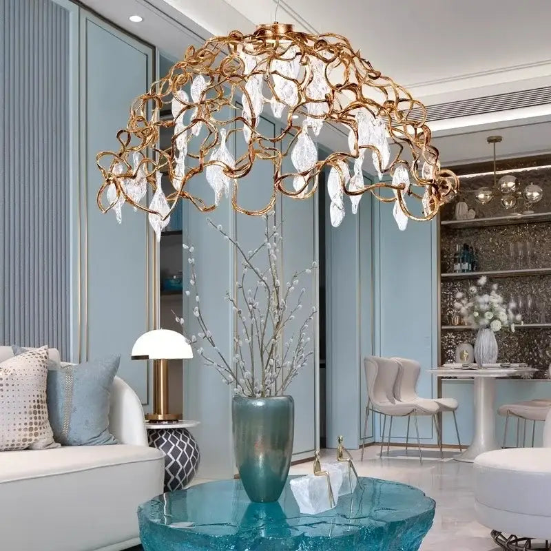 Gold-toned decorbites copper crystal ceiling chandelier with intricate wireframe and clear teardrop pendants for dining room decor