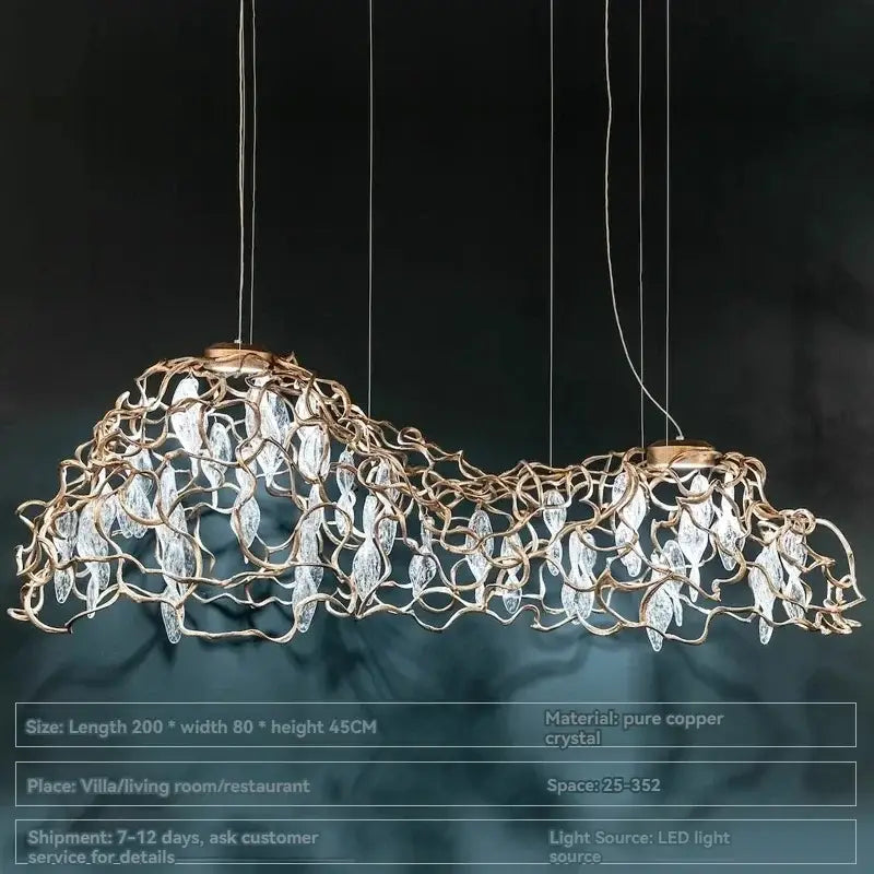 A modern organic copper crystal ceiling chandelier with golden copper frame and clear crystal droplets for dining decorbites copper crystal