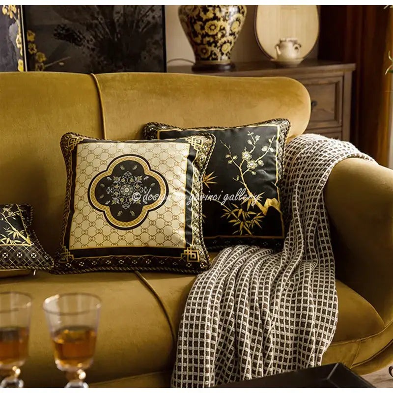 Oriental bamboo black gold pillow covers featuring black and gold embroidered silk with floral and geometric patterns for decorbites bamboo black decor
