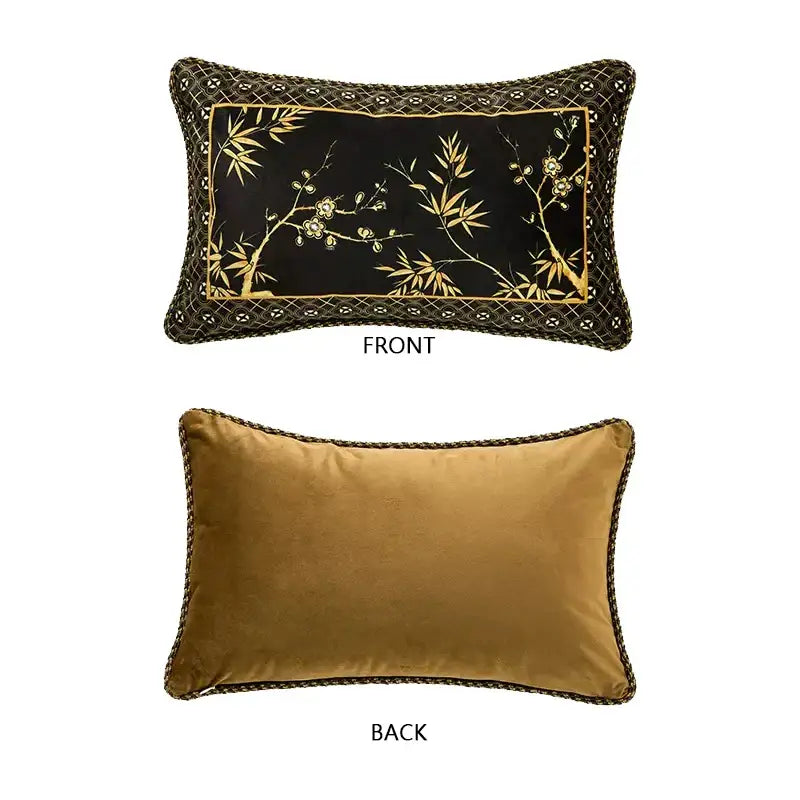 Rectangular velvet pillow covers with gold embroidered bamboo black gold design and solid mustard-yellow back for decorbites bamboo black decor