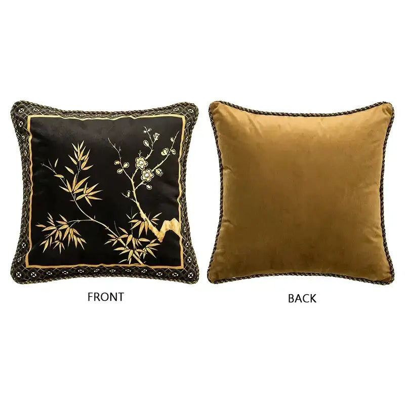 Black and gold embroidered pillow cover with bamboo plum blossom design and plush amber velvet back decorbites bamboo black gold