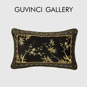 Black rectangular pillow cover with gold embroidered bamboo and cherry blossoms and black lace border for decorbites bamboo black gold decor