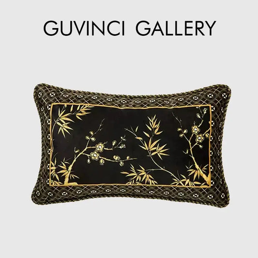 Black rectangular pillow cover with gold embroidered bamboo and cherry blossoms and black lace border for decorbites bamboo black gold decor