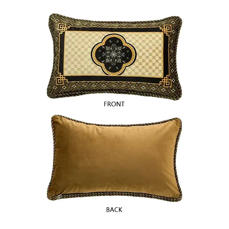 Rectangular pillow cover with gold velvet back and ornate black cream gold bamboo black gold embroidered front decorbites design