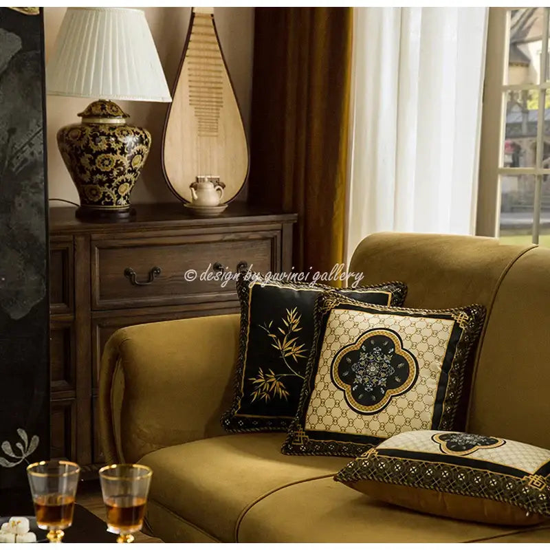 Black and cream patterned pillow covers with gold embroidery and decorative borders for decorbites bamboo black gold decor