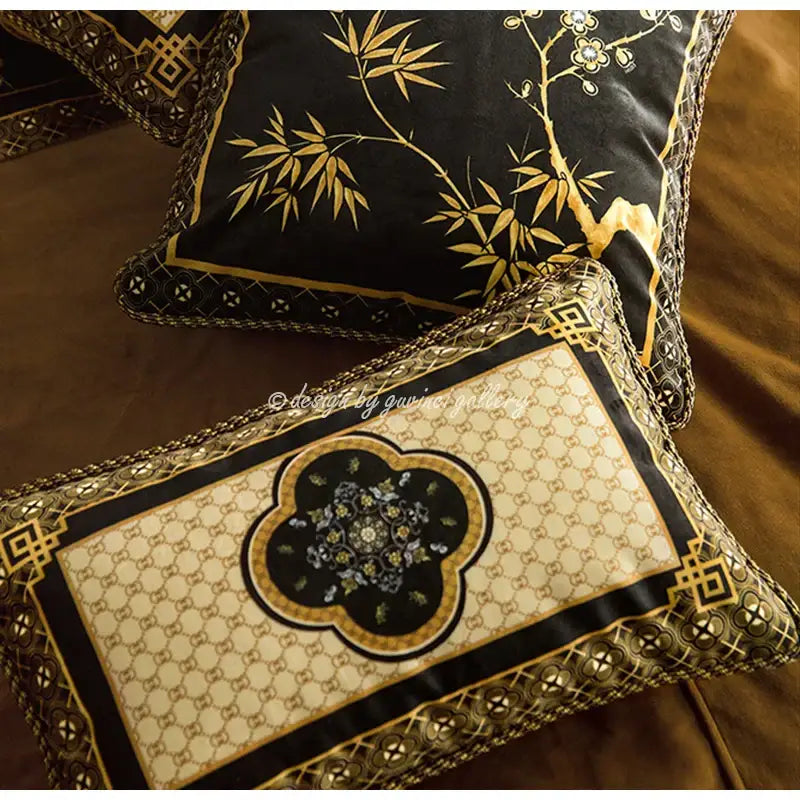 Oriental bamboo black gold pillow covers with black and gold embroidery and intricate geometric bamboo black gold decor design