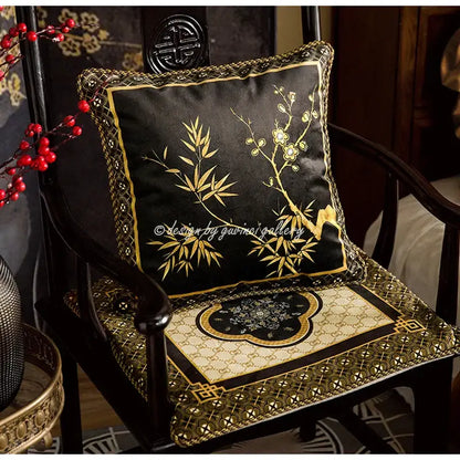 Black satin pillow covers with gold embroidered bamboo black gold design and ornate border for living room decorbites decor