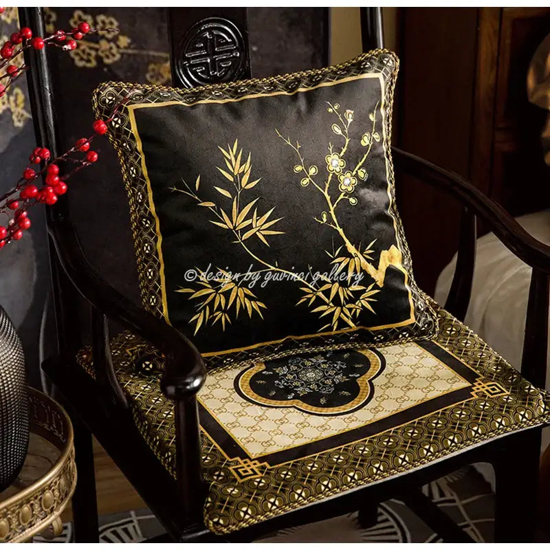 Black satin pillow covers with gold embroidered bamboo black gold design and ornate border for living room decorbites decor