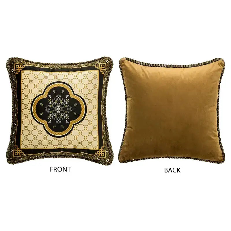 Square velvet pillow covers with ornate gold black front and solid mustard back for decorbites bamboo black gold decor