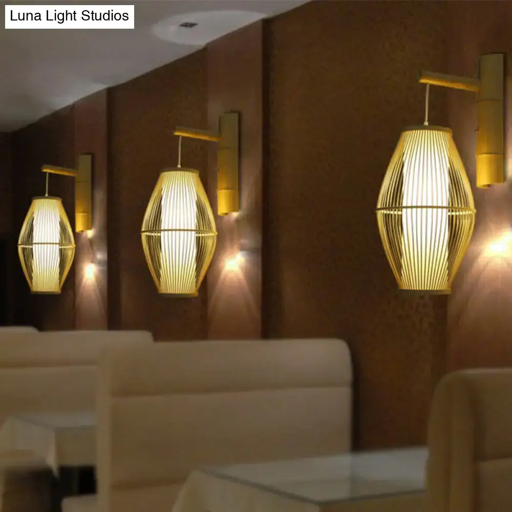 Oriental bamboo woven wall lamp with golden bamboo wall sconces and beige vertically ribbed shades for e26 e27 bulbs