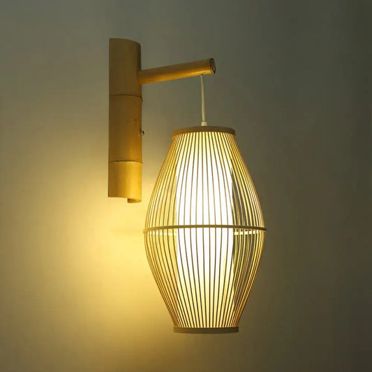 Oriental bamboo woven wall lamp beige with warm-toned vertically slatted lampshade compatible with e26 e27 bulbs