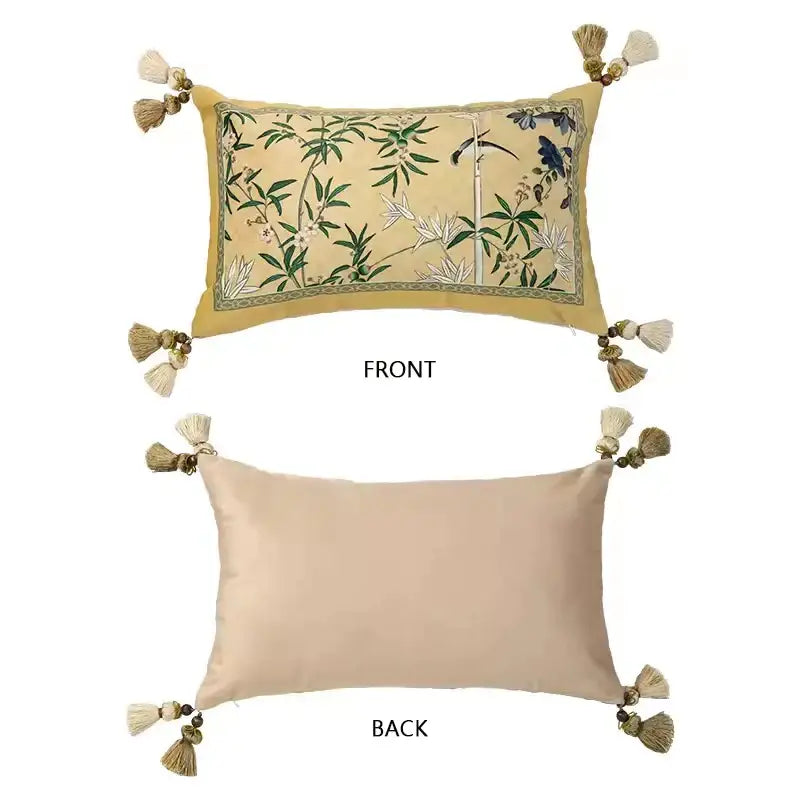 Rectangular beige autum orchid velvet lumbar pillow cover with embroidered bamboo and bird design and corner tassels
