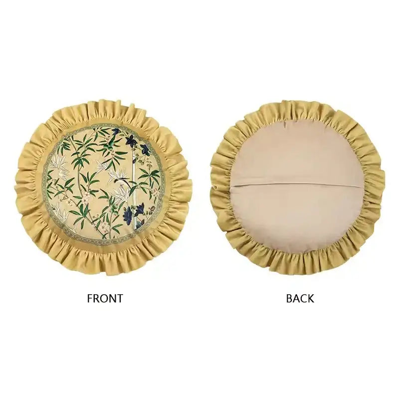 Oriental beige autum orchid velvet lumbar pillow cover with circular shape and ruffled mustard-yellow border featuring embroidered botanical design