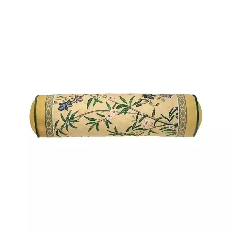 Cream-colored orchid velvet lumbar pillow cover with autum orchid velvet botanical print and gold green borders for bedroom decor