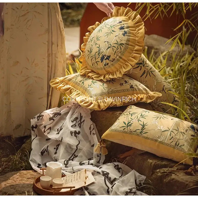 Yellow pillow cover with ruffled edges and embroidered bamboo pattern in autum orchid velvet lumbar style