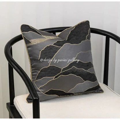 Square pillow cover with modern mountain landscape in gray black and subtle gold floral jacquard oriental art stitching