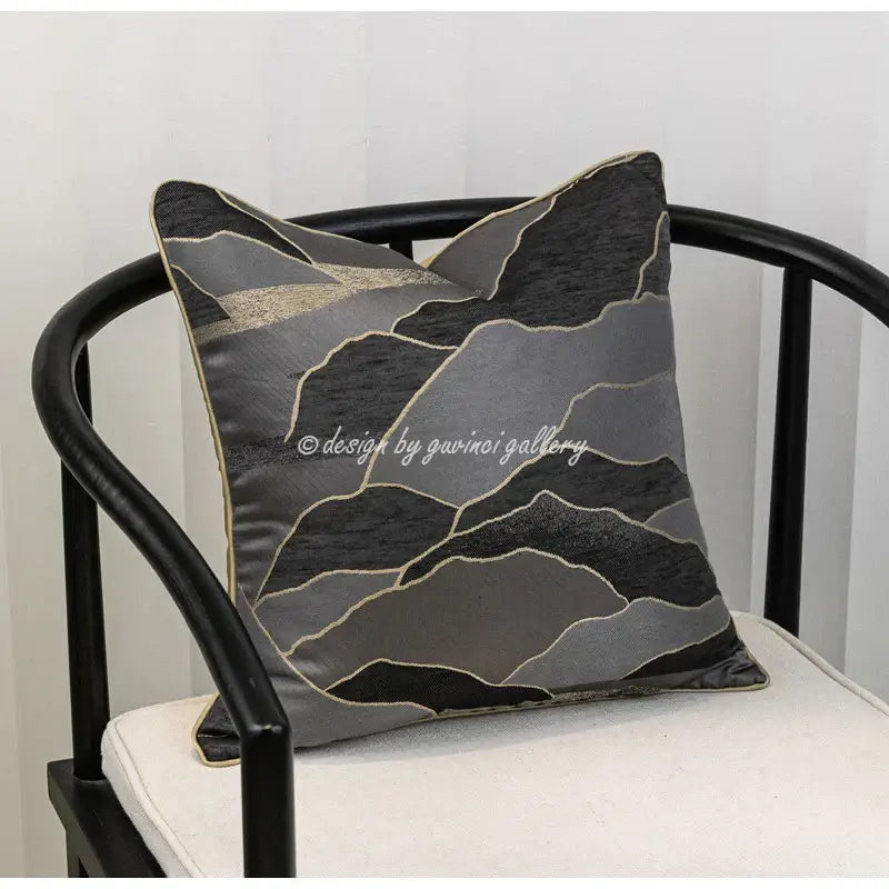 Square pillow cover with modern mountain landscape in gray black and subtle gold floral jacquard oriental art stitching
