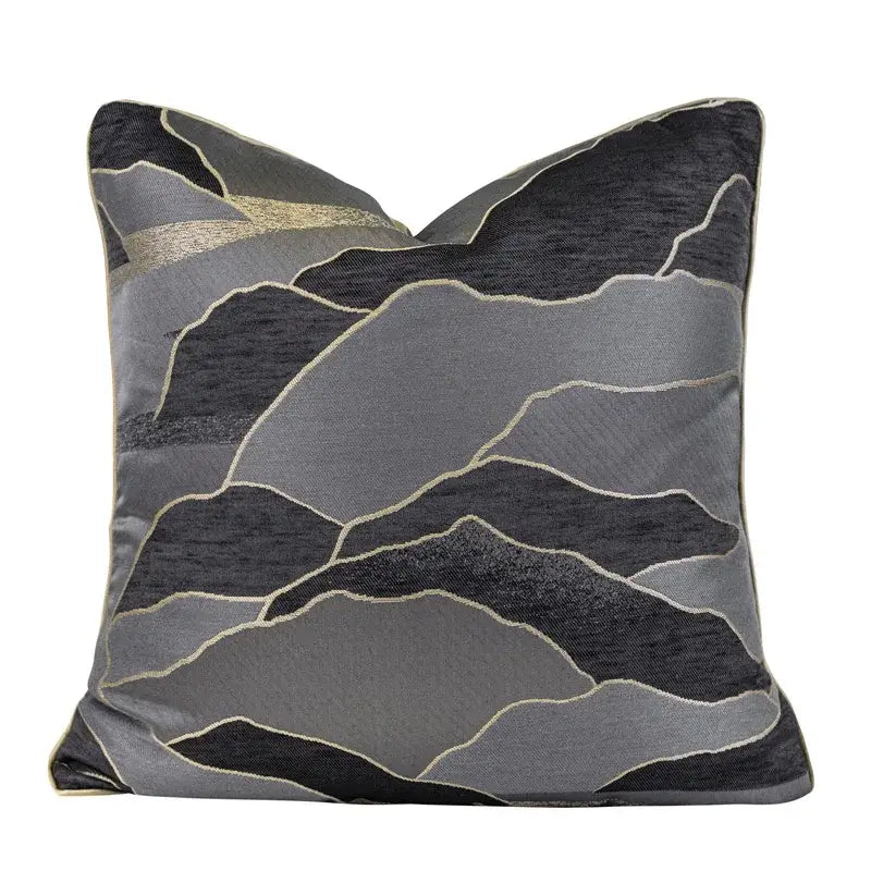 Square pillow cover with oriental gold floral jacquard and gray abstract mountain range design for living room art