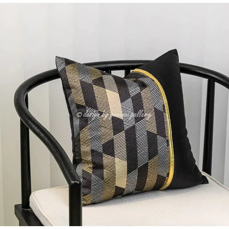 Black and gold geometric patterned pillow cover with oriental art gold floral jacquard for living room decor