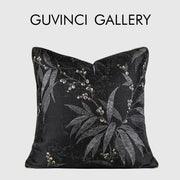 Black velvet pillow cover with silver leaf and berry embroidery featuring oriental gold floral jacquard design for living room decor