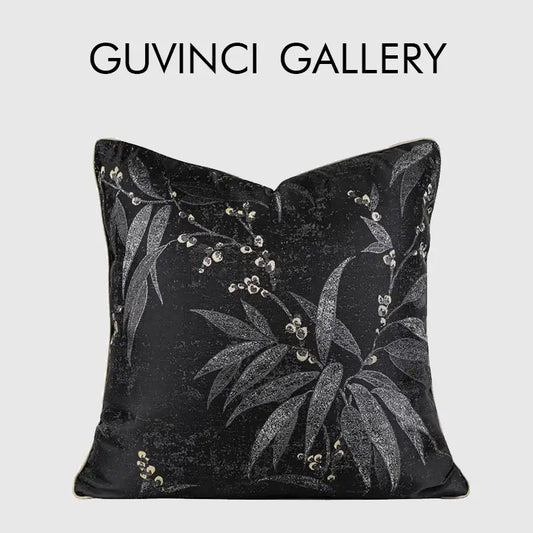 Black velvet pillow cover with silver leaf and berry embroidery featuring oriental gold floral jacquard design for living room decor