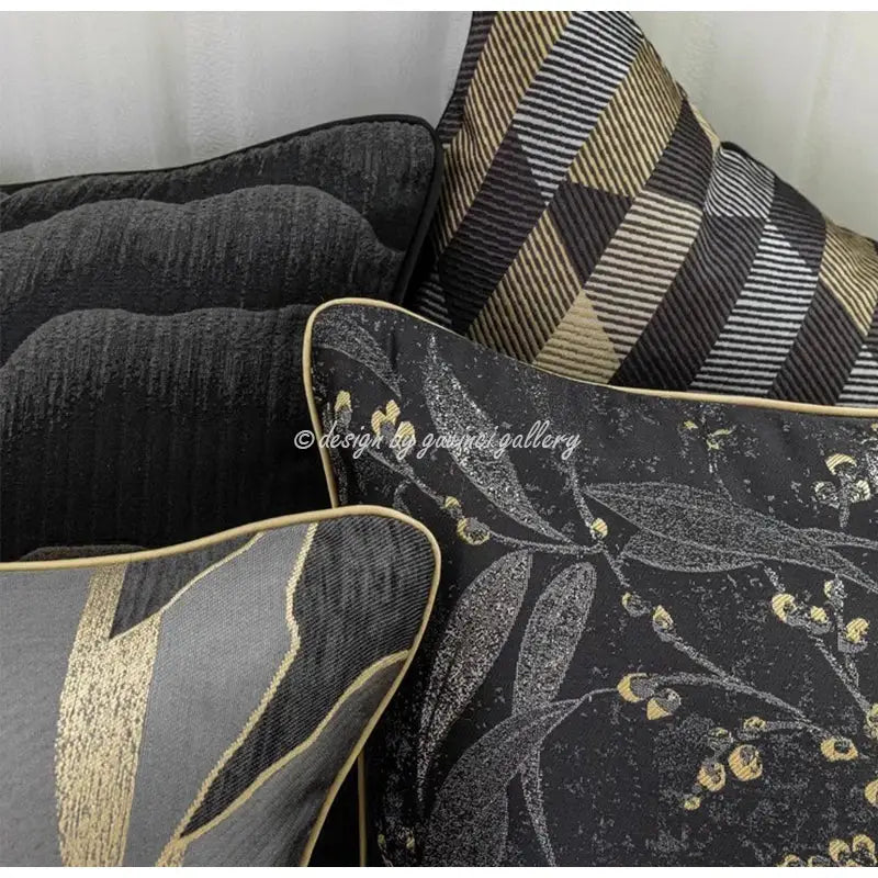 Black pillow cover with gold floral jacquard leaf and berry pattern and oriental art design for living room decor