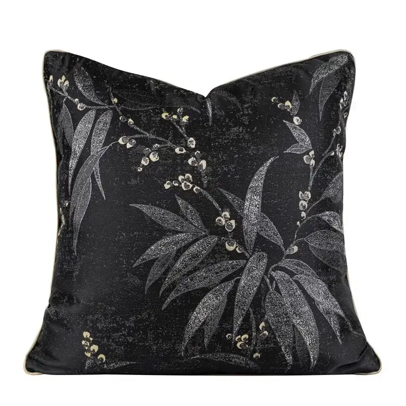 Black velvet pillow cover with silver leaf and berry embroidery featuring oriental art gold floral jacquard design