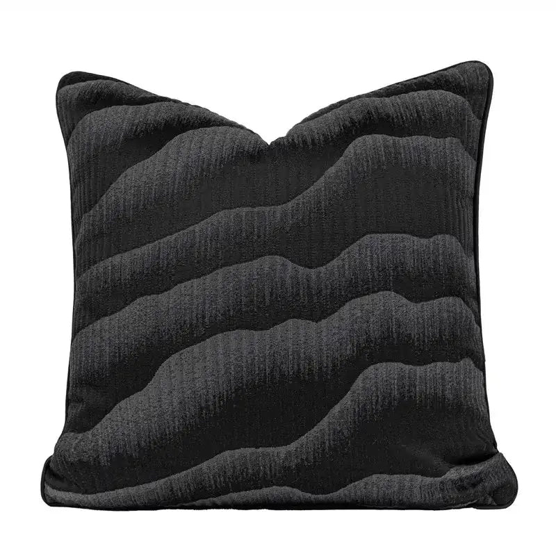 Black pillow cover with textured wavy gray stripes complementing oriental art gold floral jacquard living room decor