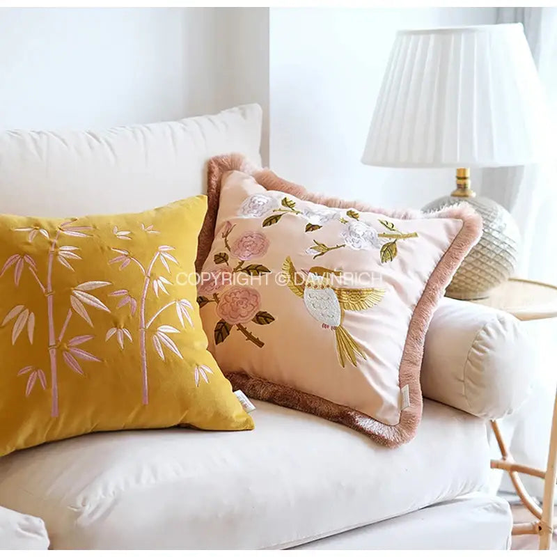 Soft peach pillow cover with intricate floral bird bamboo embroidered fringed accents for bedroom decorbites decor