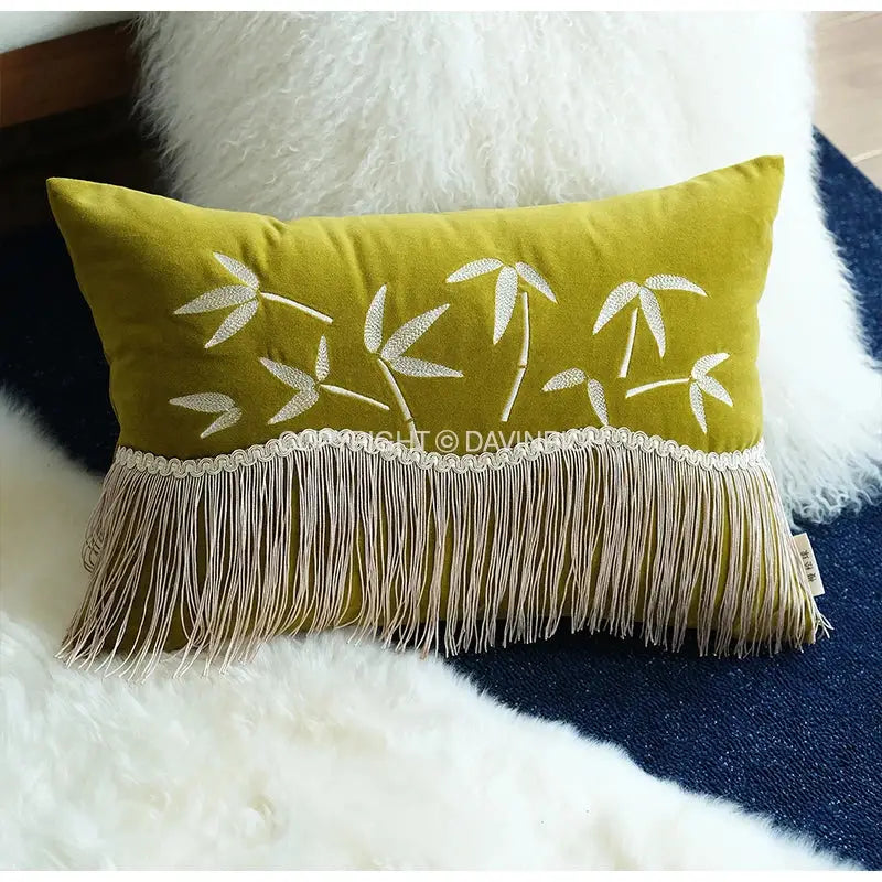Oriental olive green velvet pillow cover with white decorbites bamboo embroidered leaves and bamboo embroidered fringed trim